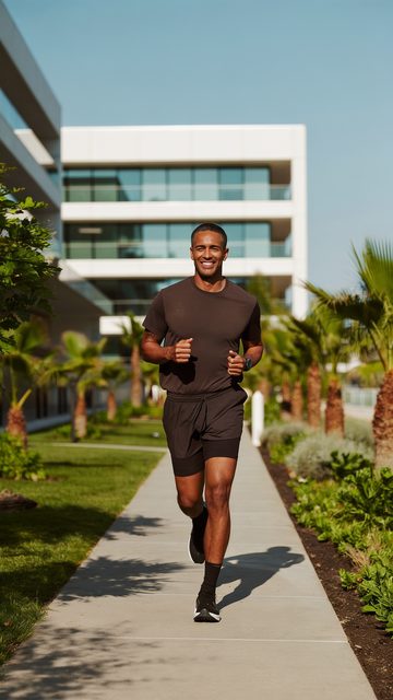 Member jogging a palm-lined path in the Irvine business district