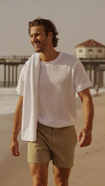 Fit, happy Soothe IV peptide therapy member walking the sand by the Manhattan Beach Pier