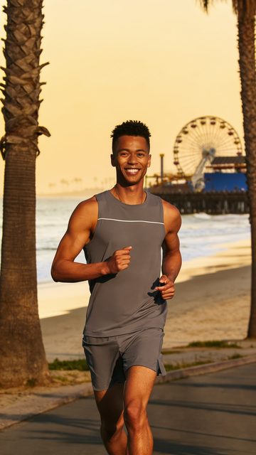 Fit Soothe IV peptide therapy member jogging near the Santa Monica Pier Ferris wheel